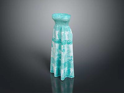 Fashionable Turquoise Strapless Long Dress With Patterned Design And Flowy Silhouette 3d model