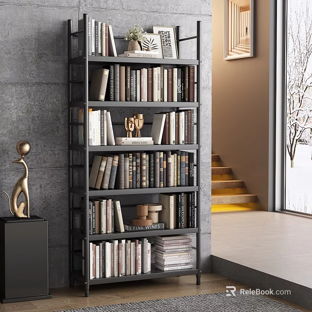 Tall Industrial Style Bookshelf Filled With Books Decorative Items Near Grey Wall Window Snowy View 3d model 