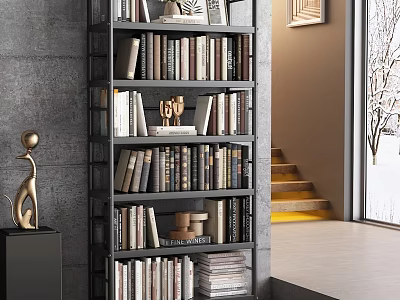 Tall Industrial Style Bookshelf Filled With Books Decorative Items Near Grey Wall Window Snowy View 3d model