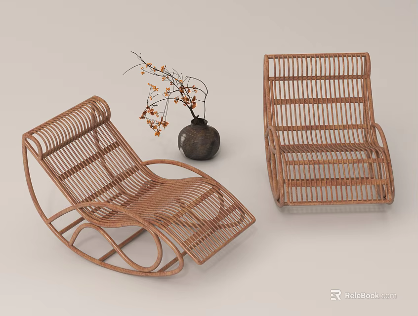 Stylish Wicker Lounge Chairs With Decorative Vase And Dried Flowers 3d model 