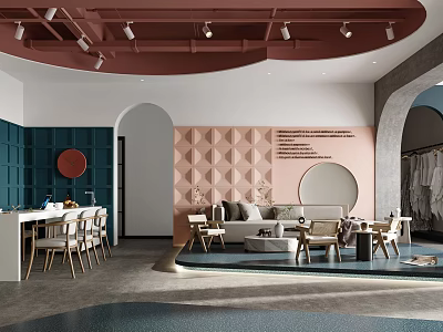 Modern Clothing Store Interior With Colorful Walls Sofa Seating And Decorative Furniture 3d model