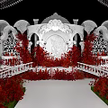 Elegant Wedding Banquet Hall With Crystal Chandelier Red Floral Decorations White Stage And White Chairs