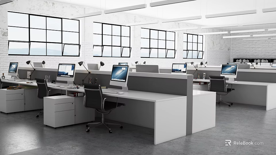 Modern Public Office Space With Cubicle Workstations Computers Office Chairs And Large Windows 3d model