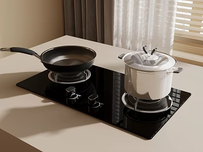 Black Glass Stove Top With Frying Pan And White Pot On Kitchen Countertop 3d model
