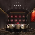 Elegant Private Dining Room Interior With Dark Walls Red Artwork Pendant Lights And Round Table