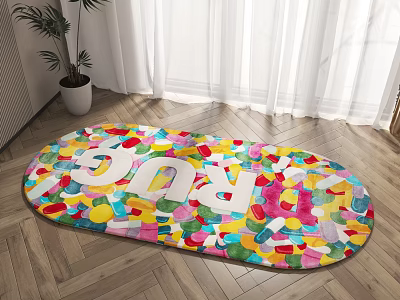 Vibrant Round Rug With Colorful Candy Patterns And RUG Lettering On Wooden Floor 3d model