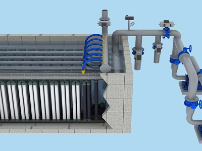 Industrial Membrane Filtration Equipment With Tubes Pipes Blue Valves And Brick Structure 3d model