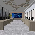 Modern Conference Room Interior With Long Table Black Chairs Large Screen And Hexagonal Lights