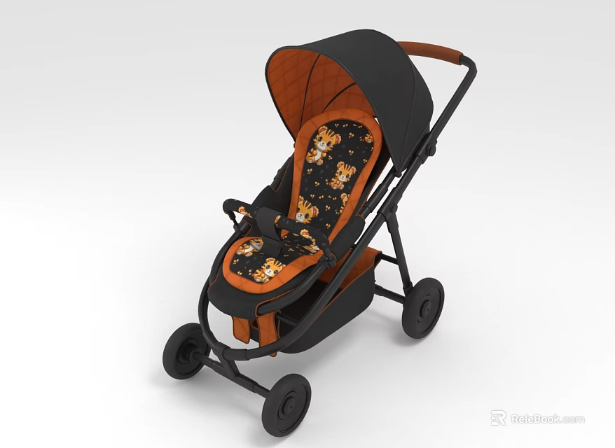 Stylish Modern Stroller Design With Black Frame Orange Patterned Seat And Wheels 3d model 