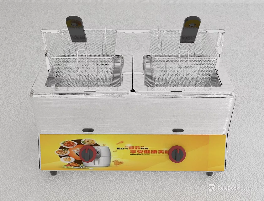 Commercial Double Tank Deep Fryer With Metal Baskets And Control Knobs 3d model 