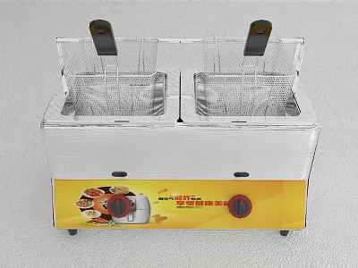 Commercial Double Tank Deep Fryer With Metal Baskets And Control Knobs 3d model