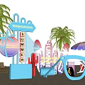 Vibrant Summer Beach Decor With Sunglasses Palm Trees Umbrella And Colorful Signs