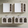 Modern White Double Bathroom Vanity with Arched Storage Cabinets and Mirrors 3d model