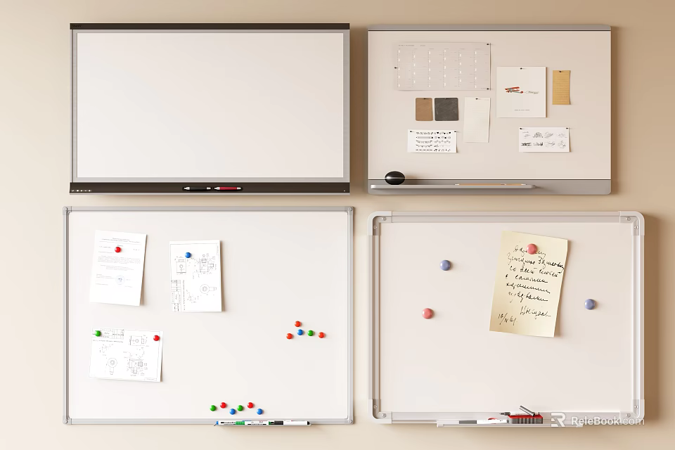 Various Whiteboards With Notes Drawings And Colored Push Pins For Organization 3d model 