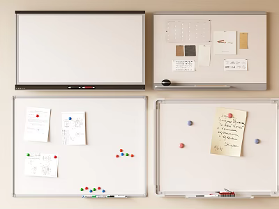 Various Whiteboards With Notes Drawings And Colored Push Pins For Organization 3d model