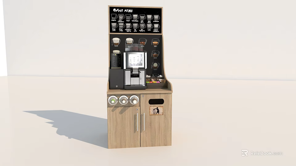 Modern Kitchen Coffee Station Appliance With Wooden Cabinet Digital Display And Coffee Cup Icons 3d model 