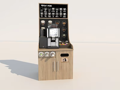 Modern Kitchen Coffee Station Appliance With Wooden Cabinet Digital Display And Coffee Cup Icons 3d model