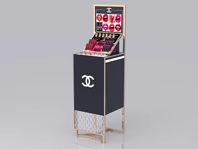Chanel Display Shelf With Modern Design Gold Frame Black Body And Multiple Lipsticks 3d model