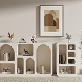 Modern Minimalist Beige Decorative Cabinets With Open Shelves Books Ornaments Green Plants And Wall Art