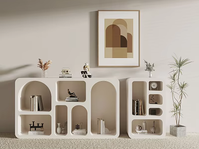 Modern Minimalist Beige Decorative Cabinets With Open Shelves Books Ornaments Green Plants And Wall Art 3d model