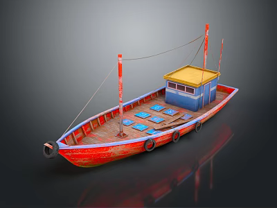 Traditional Wooden Boat With Red Hull Blue Deck And Yellow Cabin Two Masts 3d model