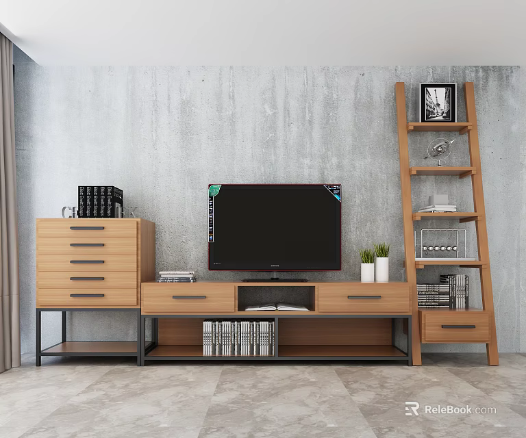 Modern TV Stand With Wooden Drawers Ladder Shelf And Black TV In Concrete Wall Room 3d model 