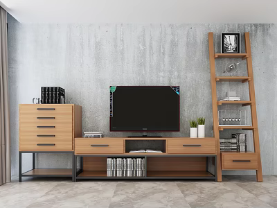 Modern TV Stand With Wooden Drawers Ladder Shelf And Black TV In Concrete Wall Room 3d model