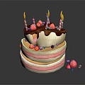 Layered Birthday Cake With Lit Candles Fresh Strawberries Blueberries Chocolate Sauce And A Slice Taken