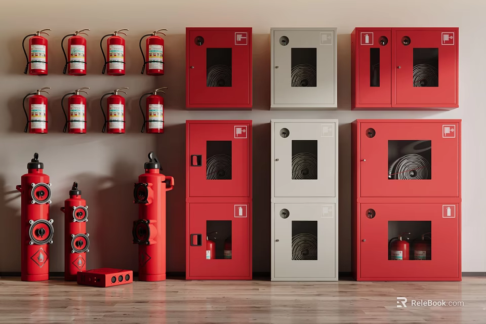 Modern Fire Safety Equipment Setup With Red Gray Cabinets Extinguishers And Hydrants 3d model 