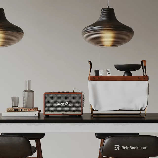 Retro Modern Tabletop Decorative Ornament Set With Radio Books Glass Vase Table Lamp And Tray 3d model 