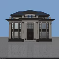 Chinese Style Single Family Villa With Black Roof White Walls And Symmetrical Design