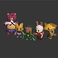 Colorful Cartoon Animal Character Figurines Featuring Unique Costumes And Accessories On Dark Reflective Background
