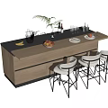 Bar Counter with Black Countertop Wood Cabinet Three White Bar Stools Fruits and Green Plant