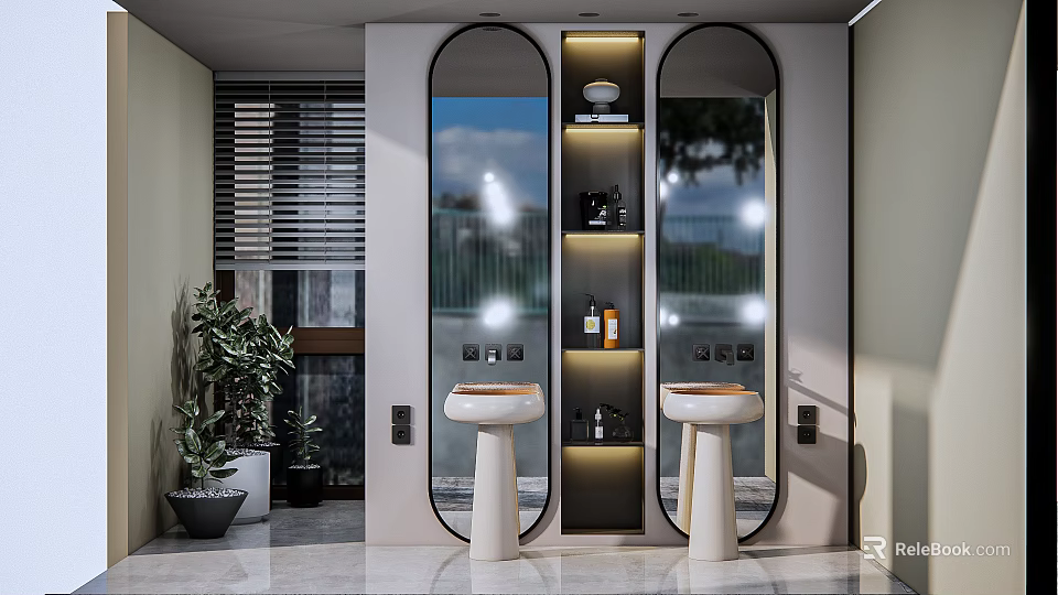 Modern Bathroom Interior With Double Vanities Round Mirrors Lit Shelving And Green Plants 3d model 