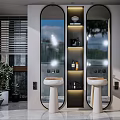 Modern Bathroom Interior With Double Vanities Round Mirrors Lit Shelving And Green Plants