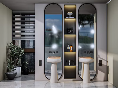 Modern Bathroom Interior With Double Vanities Round Mirrors Lit Shelving And Green Plants 3d model