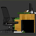 Home Office Workspace With Yellow Desk Computer Pizza Boxes Stacked Boxes And Office Chair
