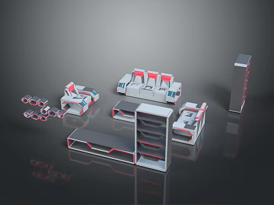 Modern Geometric Modular Interior Design Elements With White Red Accents Shelves And Cabinets 3d model