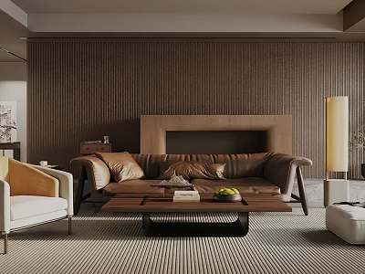 Modern Living Room Interior with Brown Sofa Coffee Table Fireplace and Striped Rug 3d model