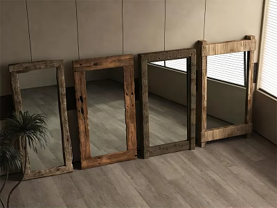 Wooden Frame Mirrors Lined Up Against Light Colored Wall With Wooden Floor And Green Plant 3d model