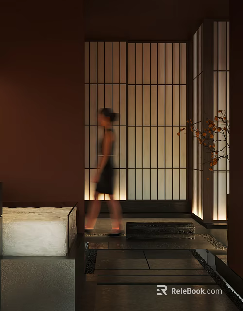 Japanese Style Hotel Corridor With Shoji Screens Warm Lighting And Decorative Plant 3d model 