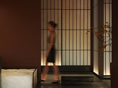 Japanese Style Hotel Corridor With Shoji Screens Warm Lighting And Decorative Plant 3d model