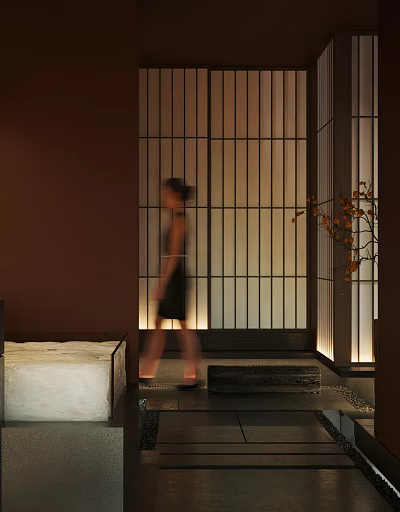 Japanese Style Hotel Corridor With Shoji Screens Warm Lighting And Decorative Plant 3d model