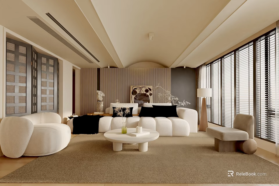 Modern Living Room Interior With Beige Sofa Round Coffee Table Area Rug And Large Windows 3d model 