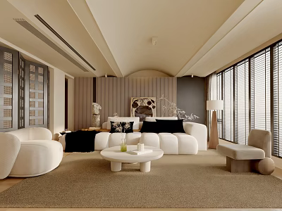 Modern Living Room Interior With Beige Sofa Round Coffee Table Area Rug And Large Windows 3d model