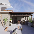 Outdoor Patio Cover With Red Tile Roof Shading Seating Area Among Green Trees