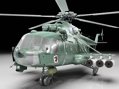 Green Military Helicopter with Rotors Armaments Red Emblem and Fuselage Details on Gray Surface 3d model