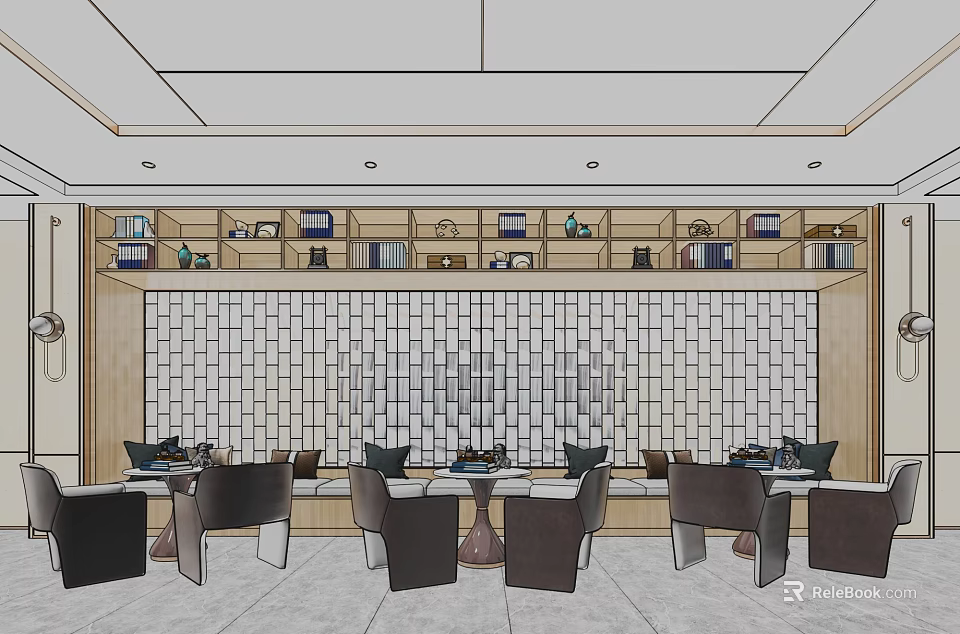 Casual Lounge Area Interior Featuring Brick Wall Design Tables Chairs And Decorative Shelves 3d model 