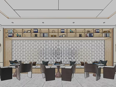 Casual Lounge Area Interior Featuring Brick Wall Design Tables Chairs And Decorative Shelves 3d model