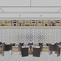 Casual Lounge Area Interior Featuring Brick Wall Design Tables Chairs And Decorative Shelves